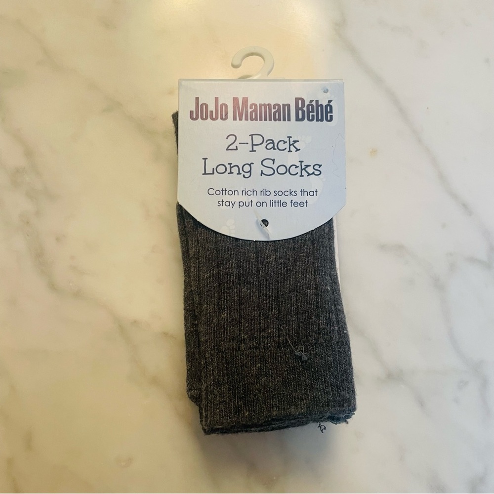 BRAND NEW IN PACKAGING 2 pairs Jojo Maman Bebe grey ribbed long socks 6-12 month
